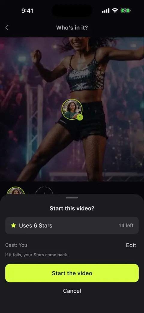 BeMainStar 'Start this video?' sheet: uses 6 Stars, if it fails your Stars come back.
