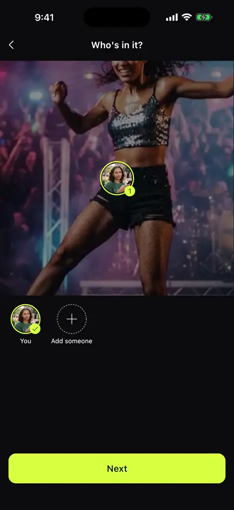 BeMainStar 'Who's in it?' screen: a dancer on stage, your selfie in the cast row and an Add someone button.